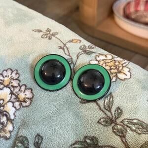 Vintage Style Round Earrings with Green and Black Detail